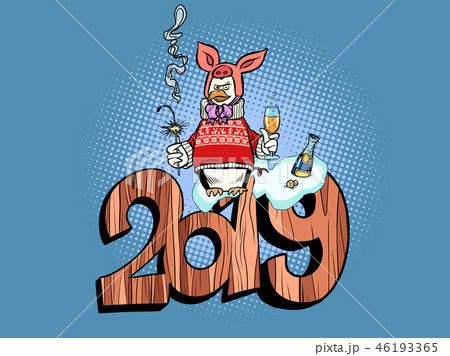 2019 happy new year. pig costume. penguin celebrates 46193365