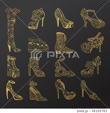 Set of isolated sketches of golden woman shoes Set of isolated sketches of golden woman shoes 46193763