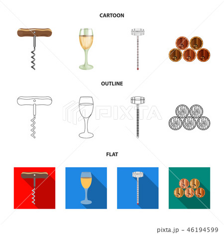 Corkscrew, alcohol counter, barrels in the vault, a glass of white wine. Wine production set Corkscrew, alcohol counter, barrels in the vault, a glass of white wine. Wine production set 46194599