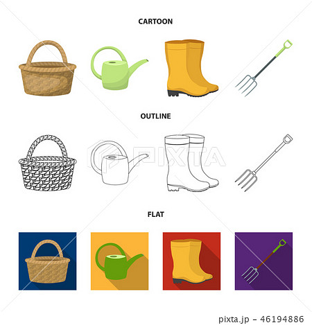 Basket wicker, watering can for irrigation, rubber boots, forks. Farm and gardening set collection Basket wicker, watering can for irrigation, rubber boots, forks. Farm and gardening set collection 46194886