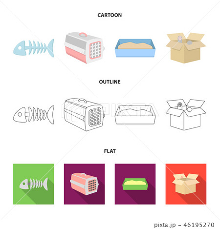 Fish bone, container for an animal, cat toilet, cat in a box. Cat set collection icons in cartoon Fish bone, container for an animal, cat toilet, cat in a box. Cat set collection icons in cartoon 46195270