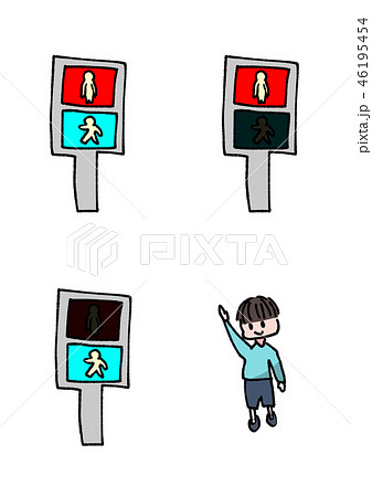 歩行者用信号機 赤信号と青信号と手を挙げる子供のイラスト素材