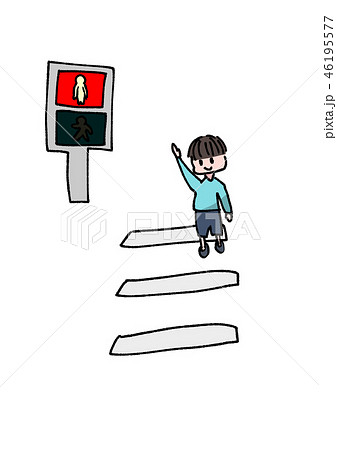 赤信号と横断歩道を手を挙げて渡る子どものイラスト素材