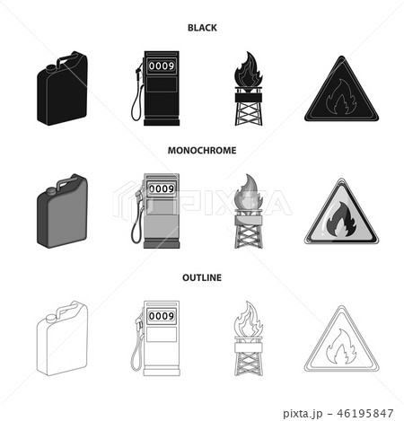 Canister for gasoline, gas station, tower, warning sign. Oil set collection icons in black Canister for gasoline, gas station, tower, warning sign. Oil set collection icons in black 46195847
