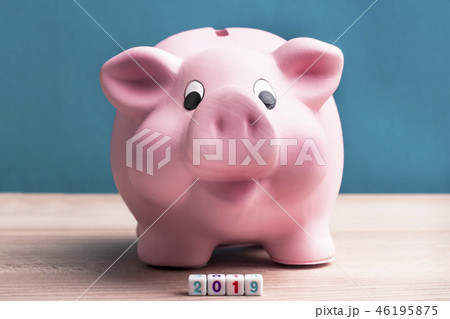 Year 2019 financial goal, happy smiling pink piggy bank with wooden cube block with number 2019 on Year 2019 financial goal, happy smiling pink piggy bank with wooden cube block with number 2019 on 46195875