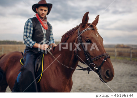 Cowboy riding a horse in desert valley, western 46196344