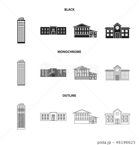 Skyscraper, police, hotel, school.Building set collection icons in black,monochrome,outline style 46196625