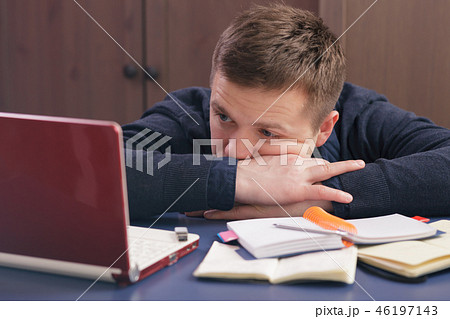 man in tin foil hat fearfully pulls palms forward 46197143