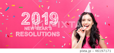 2019 New Years Resolutions with young woman with party theme 46197171