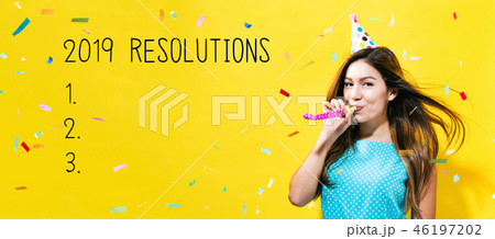 2019 Resolutions with young woman with party theme  2019 Resolutions with young woman with party theme  46197202