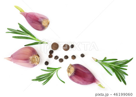 garlic with rosemary and peppercorn isolated on white background with copy space for your text. Top garlic with rosemary and peppercorn isolated on white background with copy space for your text. Top 46199060