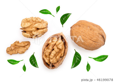 Walnuts with leaf isolated on white background. Top view. Flat lay 46199078