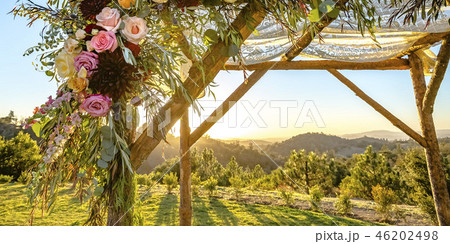 Flowers and lace on Jewish wooden Chuppah Flowers and lace on Jewish wooden Chuppah 46202498