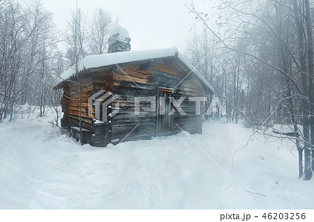 Winter Snowy Landscape with Log Cabin 46203256