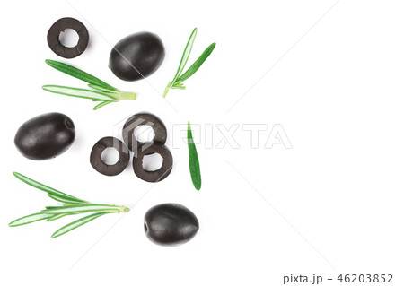 whole and sliced black olives with rosemary leaves isolated on white background. Top view. Flat lay 46203852