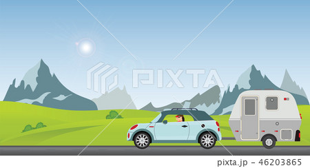 Happy couple driving car on road on a sunny spring 46203865