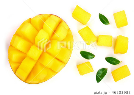 Mango fruit decorated with leaves isolated on white background close-up. Top view. Flat lay Mango fruit decorated with leaves isolated on white background close-up. Top view. Flat lay 46203982