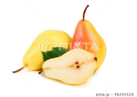 ripe red yellow pear with leaves fruits isolated on white background ripe red yellow pear with leaves fruits isolated on white background 46204328