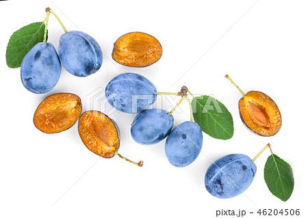 plums with leaf isolated on a white background with copy space for your text. Top view. Flat lay plums with leaf isolated on a white background with copy space for your text. Top view. Flat lay 46204506