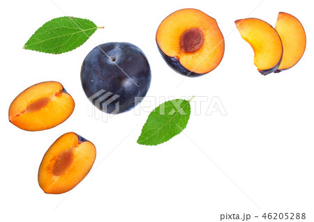 plums with leaf isolated on a white background with copy space for your text. Top view. Flat lay plums with leaf isolated on a white background with copy space for your text. Top view. Flat lay 46205288