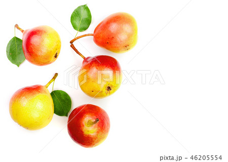ripe red yellow pear fruits with leaf isolated on white background with copy space for your text 46205554