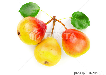Three ripe red yellow pear fruits with leaf isolated on white background. Top view. Flat lay pattern 46205560