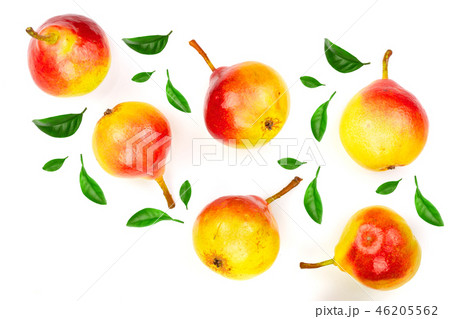 ripe red yellow pear fruits isolated on white background. Top view. Flat lay pattern. Set or 46205562