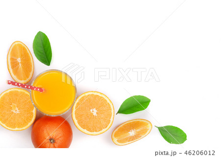orange juice glass with slices of citrus and leaves isolated on white background with copy space for orange juice glass with slices of citrus and leaves isolated on white background with copy space for 46206012