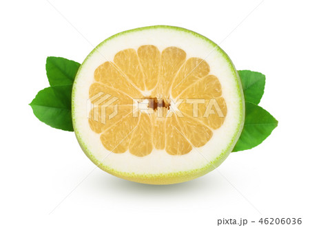 slice of Citrus Sweetie or Pomelit, oroblanco with leaf isolated on white background close-up 46206036
