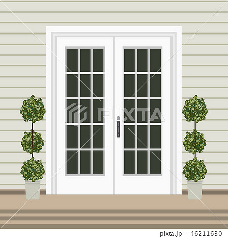 House door front doorstep and steps, lamp, flowers 46211630