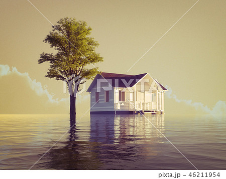 The house and the tree flooding the water. 46211954