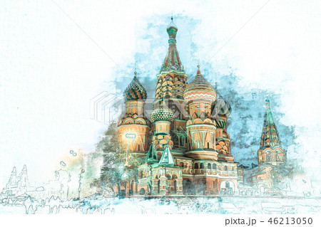 watercolor sketch painting of St. Basil Cathedral, 46213050