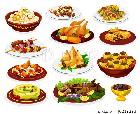 Ramadan Iftar Dishes With Meat Fish And Dessertsのイラスト素材