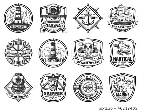 Sea anchor, sailing ship and helm. Nautical badges Sea anchor, sailing ship and helm. Nautical badges 46213405