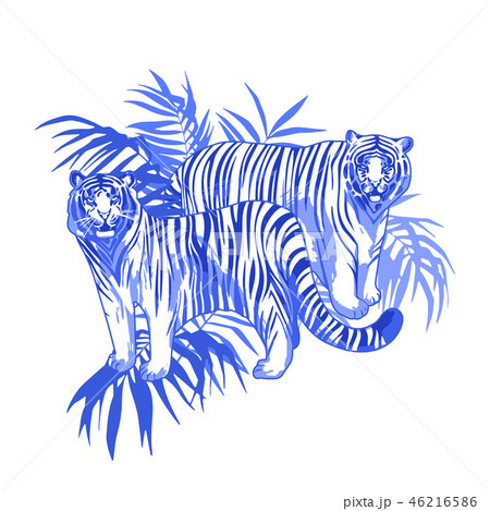 Two graphic tigers standing among the exotic leaves Two graphic tigers standing among the exotic leaves 46216586