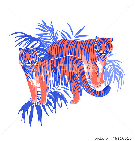 Two graphic tigers standing among the exotic leaves Two graphic tigers standing among the exotic leaves 46216616