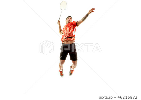 Young male badminton player over white background 46216872