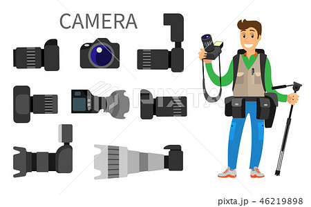 Cameras with Lens, Photographer and Equipment Icon 46219898