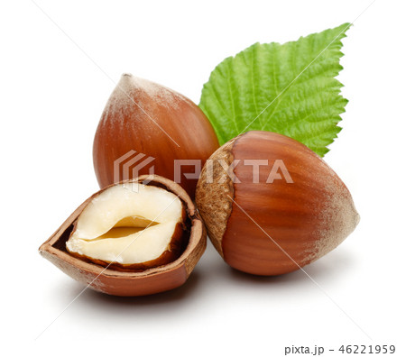 Hazelnuts with green leaf Hazelnuts with green leaf 46221959