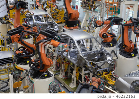 body of car on conveyor top view. Modern Assembly of cars at the plant. The automated build process body of car on conveyor top view. Modern Assembly of cars at the plant. The automated build process 46222163