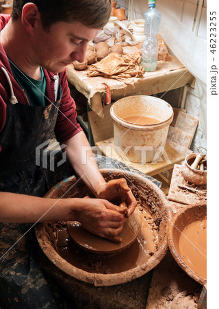 Potter at work. Workshop place. Potter at work. Workshop place. 46223255
