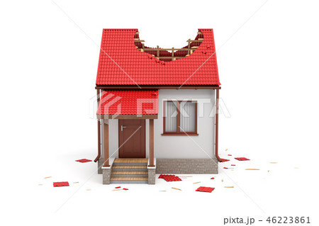 3d rendering of a detached house with a front porch and a big hole in the roof. 46223861