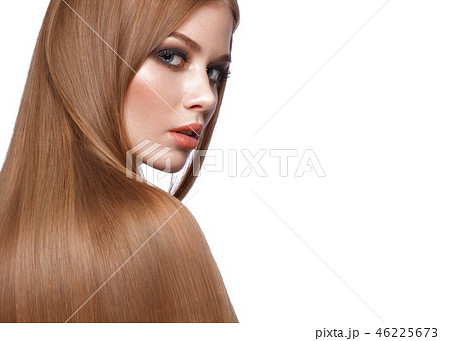 Beautiful blond girl with a perfectly smooth hair, classic make-up. Beauty face 46225673