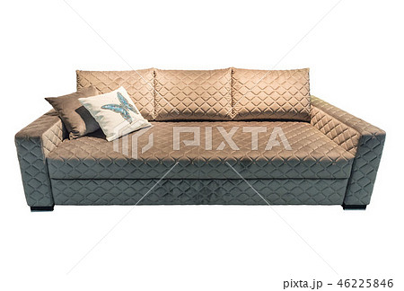 Brown velours sofa with pillows. Soft couch with cushions isolated background 46225846