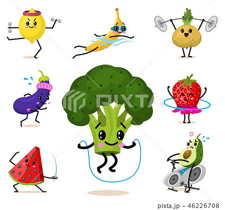 Set of Cute healthy vegetables. Sports fruit characters, funny face berries. Happy food strawberry 46226708