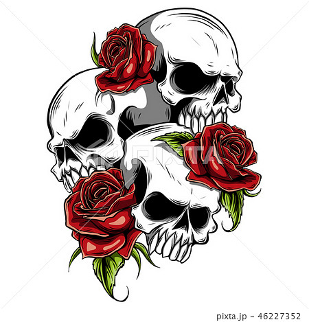 Human Skull With Roses Drawn In Tattoo Style のイラスト素材