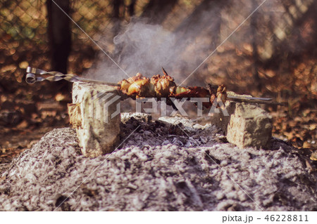 Shish kebab on the improvised oven made of brick Shish kebab on the improvised oven made of brick 46228811