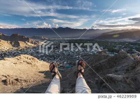 a happy man enjoy aerial landscape leh city view a happy man enjoy aerial landscape leh city view 46229909