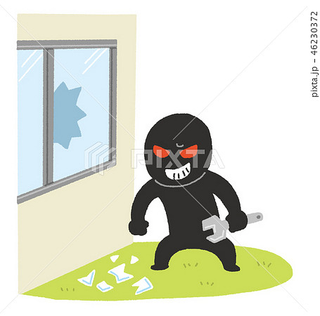 窓を割って侵入しようとする犯罪者のイラスト素材