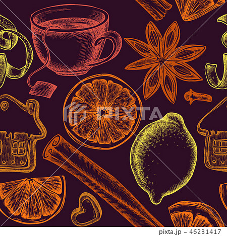 Seamless pattern with colored gingerbread, cinnamon, lemons, oranges, tea cup 46231417